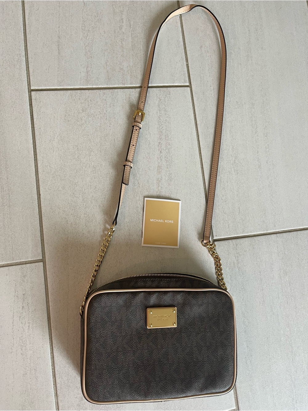 Nwo tags Michael Kors Brown Crossbody Bag with tan Trim and Gold Hardware